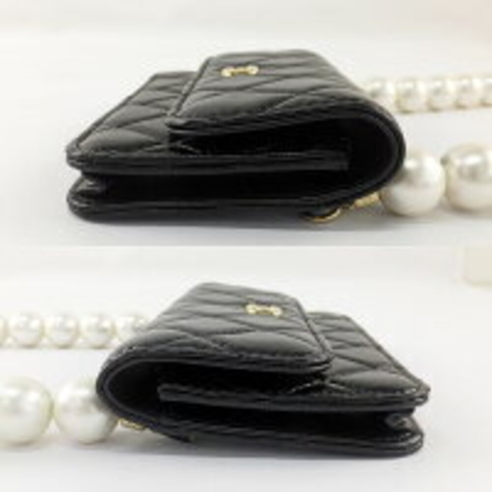 Chanel Lambskin Quilted Flap Wallet clutch pearl chain strap Black